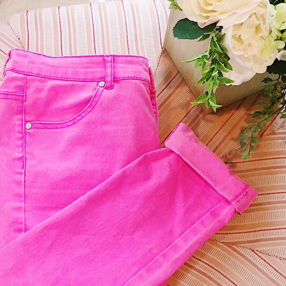 Hot pink jean pants stretchy washed out style